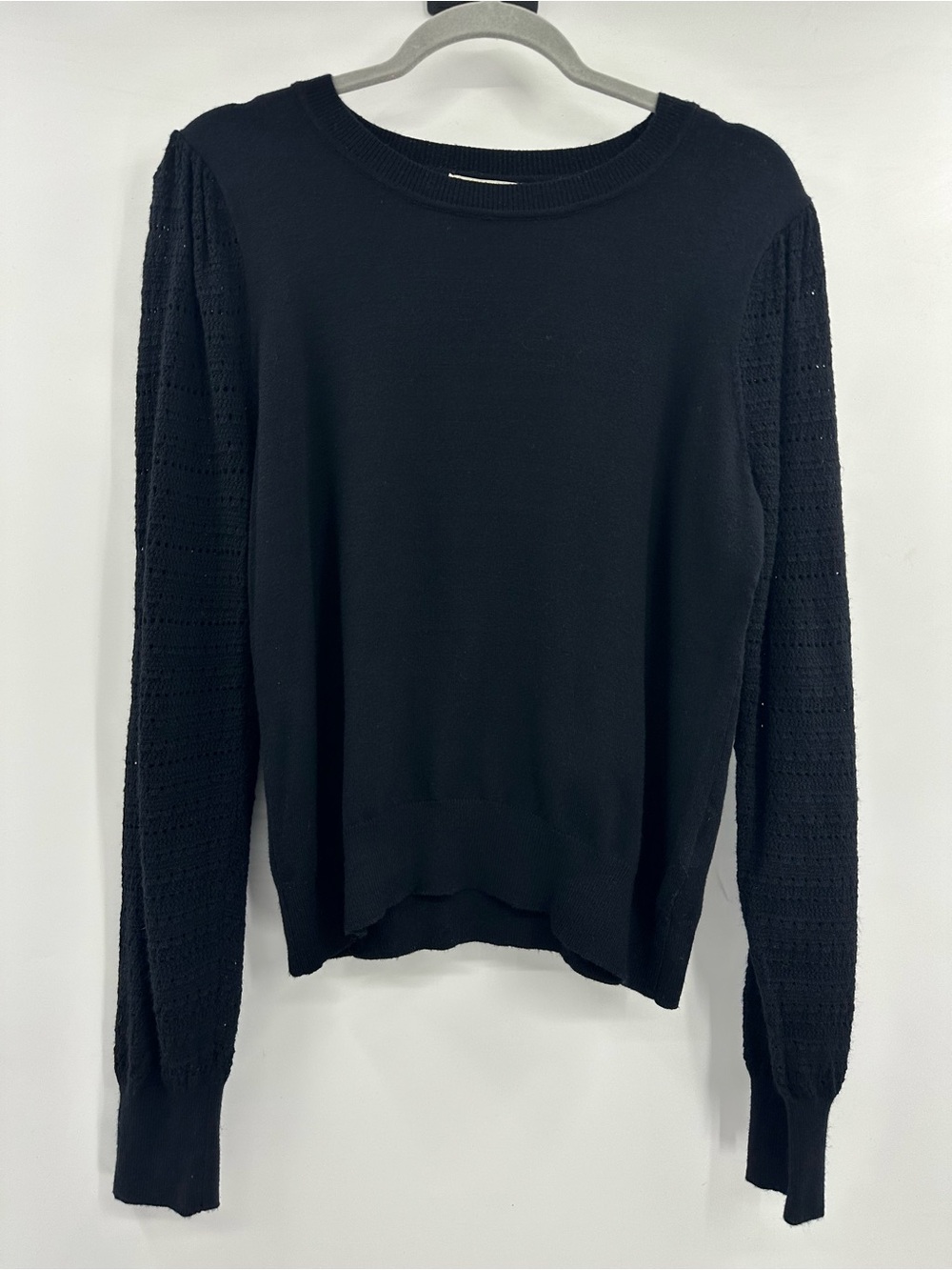 NWT Luxe Black Crewneck Knit Sweater with Textured Sleeves